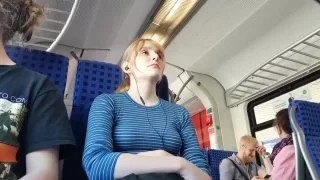 White blonde voyeur in dress on the train
